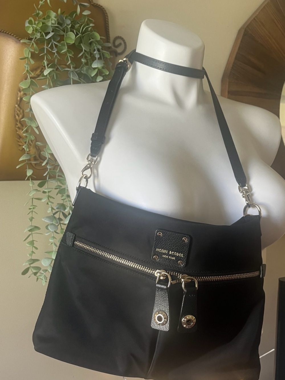 Henri Bend Black Nylon Shoulder Bag with Front Zip and Leather Accents